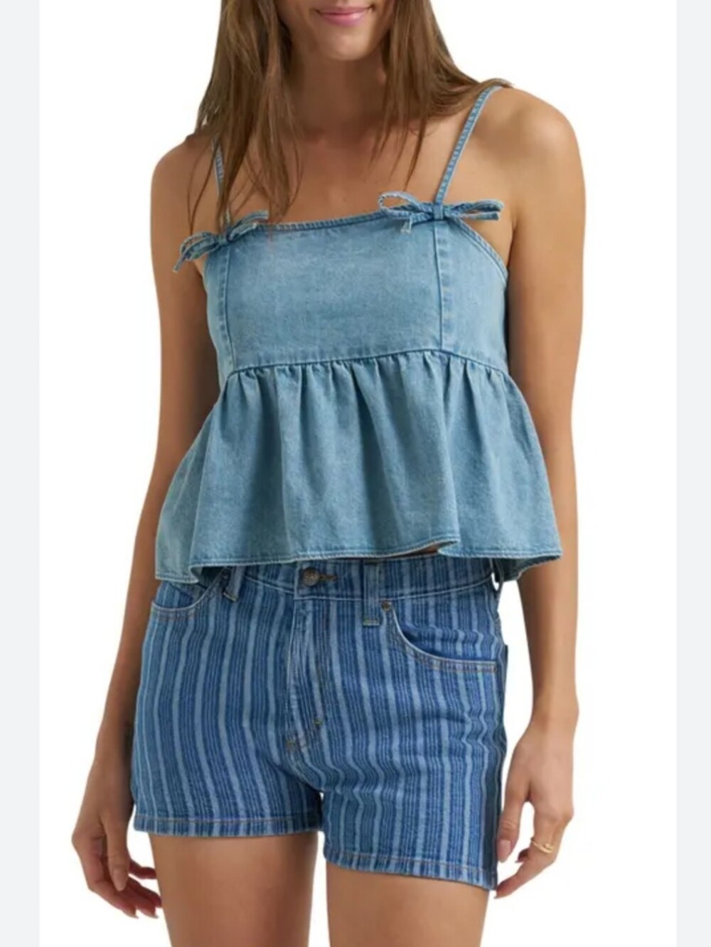 AEO Denim Bow-Detail Spaghetti Strap Peplum Top - Size M - Picture 4 of 13